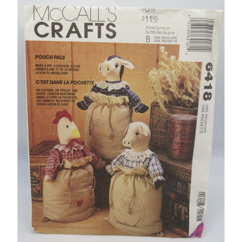 McCall's Crafts 6418 Pouch Pals Animals Sack Pig Cow Chicken 17-19" 1990s